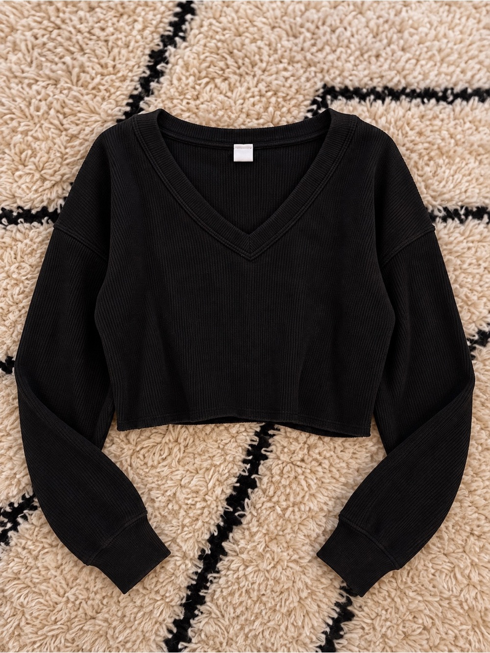 Gilly Hicks Black V-Neck Cropped Ribbed Sweatshirt